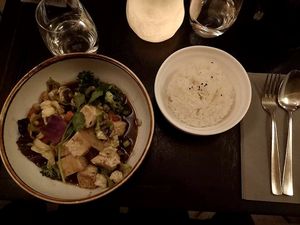 Main dish with tofu, soy sauce and cashews  at The Ricemarket in Copenhagen