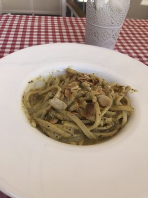 Linguine with pesto of almonds and pistachio (on the menu with meat, but they recommended this without meat)   at Il tempo del vino e delle rose in Naples