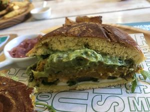 Pumpkin burger w/vegan mozzarella  at Mareando la Huerta in Alicante