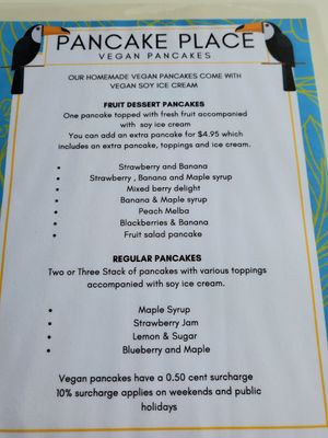 Vegan menu at Pancake Place in Port Macquarie