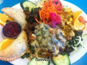 delicious brunch : empanadas with cranberry chutney, chili beans, tofu scramble, 'sausage'...full of color and flavor!  at Pura Vida Bakery and Bystro in Las Vegas