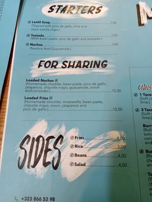 Menu for starters and sides at Pura Vida Vegan Tacos in Antwerpen