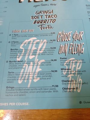 Soft taco, burrito and torta menu at Pura Vida Vegan Tacos in Antwerpen