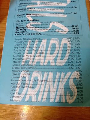 Drinks (spirits) menu at Pura Vida Vegan Tacos in Antwerpen