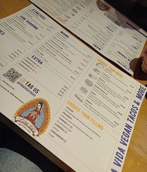 Menu at Pura Vida Vegan Tacos in Antwerpen