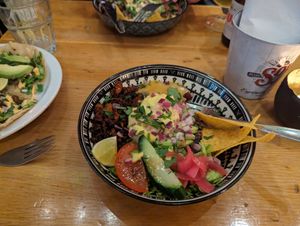Burrito bowl with pastor at Pura Vida Vegan Tacos in Antwerpen