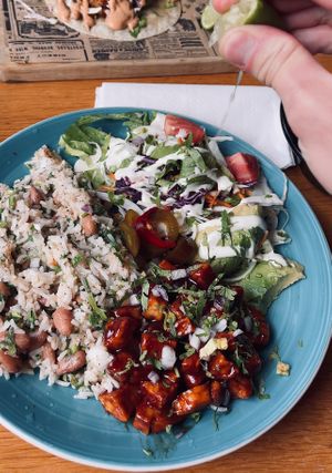 Burrito Bowl with Barbecue Tempeh  at Pura Vida Vegan Tacos in Antwerpen