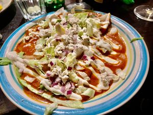 Enchilladas:
With beans, mozarella, chorizo topped with salsa roja, salad and fresh homemade cheese at Pura Vida Vegan Tacos in Antwerpen