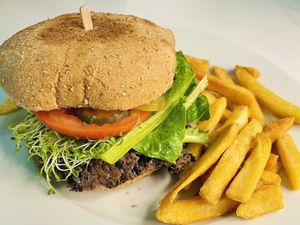 Black Bean Burger w/ Fries at The Vegan Joint in Woodland Hills