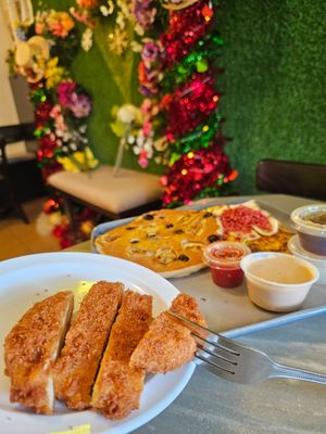 My half of our tropical pancakes & tofu scramble, fried chicken at The Vegan Joint in Woodland Hills
