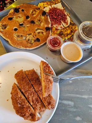 My half of our tropical pancakes & tofu scramble, fried chicken at The Vegan Joint in Woodland Hills