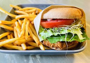 Chickun burger and the newly updated crispy fries✨delicious   at The Vegan Joint in Woodland Hills