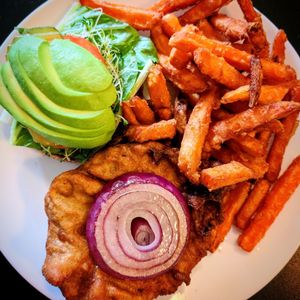 Chicken Sandwich with Sweet Potato Fries at The Vegan Joint in Woodland Hills