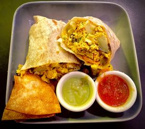 VJ Burrito (tofu scramble mix with onion, red bell pepper, cilantro, and monterey jack v. cheese with sweet potatoes) #Veganuary at The Vegan Joint in Woodland Hills