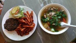 Black Bean Burger and Veggie Soup at The Vegan Joint in Woodland Hills