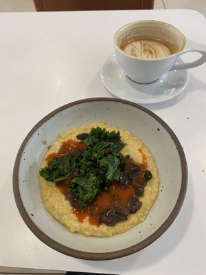 Vegan grit bowl and oat milk latte  at Casa Blanca Coffee Roasters in Wilmington