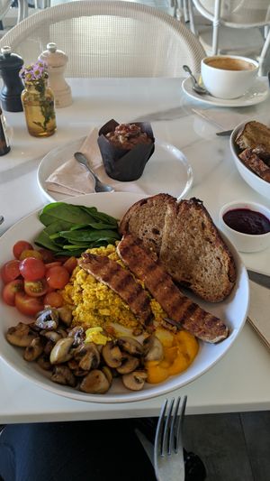 Big vegan breakfast and banana muffin. at Planet Terra in Dubai