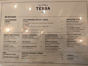 Drinks menu at Planet Terra in Dubai