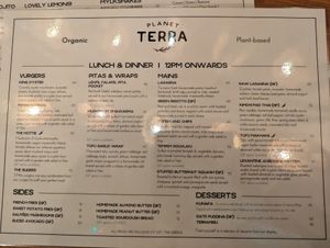Food menu at Planet Terra in Dubai