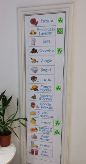 Flavours (vegan logo is my addition) at Gelatarium in Florence