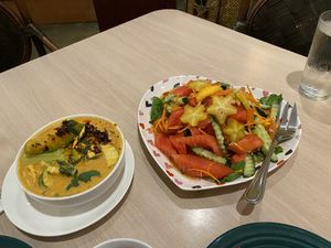 Pumpkin & Hearts of Palm Red Curry and Summer Mixed Fruit Salad   at Tina's Garden Gourmet Cafe in Hilo