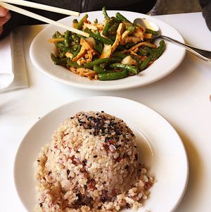 Green beans and tofu with multigrain rice at Loving Hut - Sunset District in San Francisco
