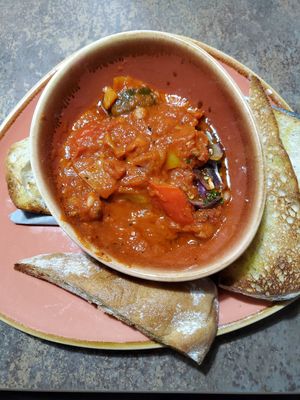 Vegan bean chilli with ciabatta at Casa Bella in Keswick