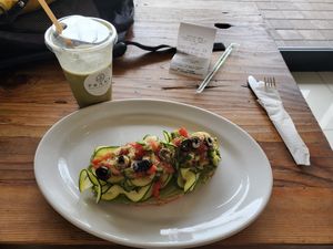 Mediterranean Avocado Toast with a Green Power Smoothie! at Prana Mercado Organico - Blvd Aqua Caliente in Tijuana