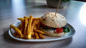Mushroom Burger with chips at The Ginger Kitchen in Yandina
