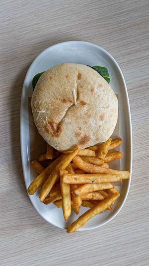 Mushroom Burger with chips at The Ginger Kitchen in Yandina