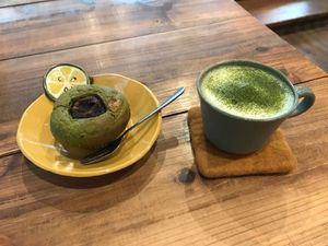 Vegan muffin and vegan matcha at Soy Soy Cafe in Okinawa