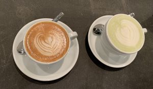Matcha and flat white coffee   at St. Oberholz in Berlin