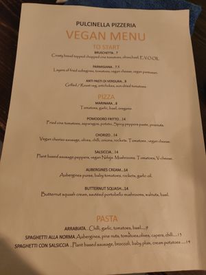 Vegan menu at Pulcinella Pizzeria in Cesana Brianza