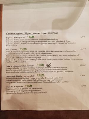 Carta vegana entrantes at Melitón Jardin in Altea