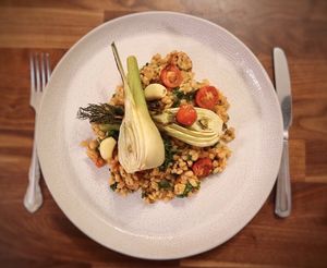Pearl Barley with roasted fennel and cherry tomatoes   at Old Barn & Planted by Sai in Colintraive