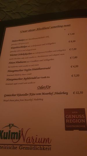 Nachspeisen Menü at KulmiNarium in Haus