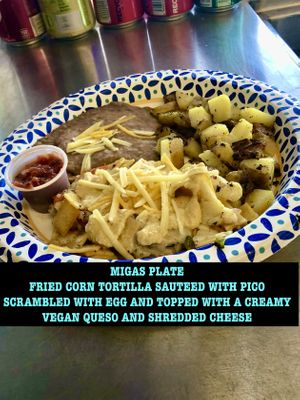 Fried corn tortillas with pico/vegan egg topped with vegan queso #Veganuary at The Brunch Truck of Amarillo in Amarillo