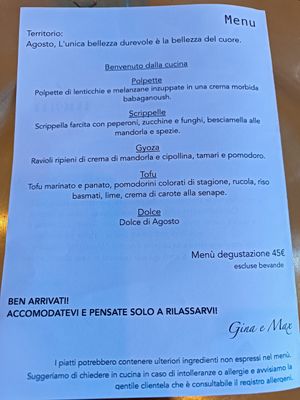 Menu ferragosto at MOM Cucina Vegetale Creativa in Fano Adriano
