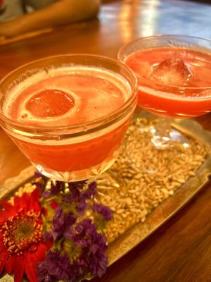 Smokey Mezcal cocktail and hibiscus cocktail   at Mezcal & Sal in Puerto Vallarta