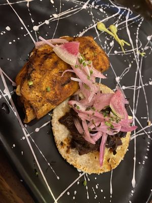 Mushroom blend taco and hibiscus flower taco   at Mezcal & Sal in Puerto Vallarta