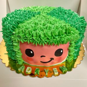 Custom 9” Double Layer Vegan Cocomelon Cake for a first birthday  at Lularoo Cups and Pups in Stoughton