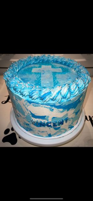 Vegan Christening marbled effect 9” three layer vanilla cake with amaretto buttercream at Lularoo Cups and Pups in Stoughton