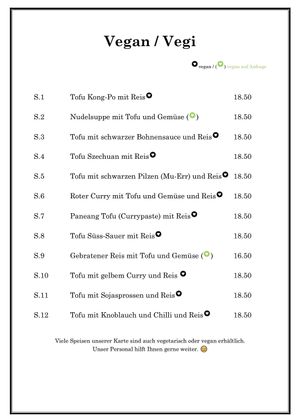 Vegan Menu  at Zhong Hua in Zurich