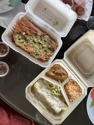 Chimichanga with beyond meat, and the Suisse enchilada “plate”, all animal-free!   at Salsas Taco Bar in Santa Cruz