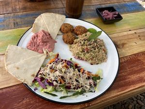 The daily plate special, today was a Mediterranean flavor with falafel, tabouli, hummus and a salad.  at Planeta Veggie in La Paz