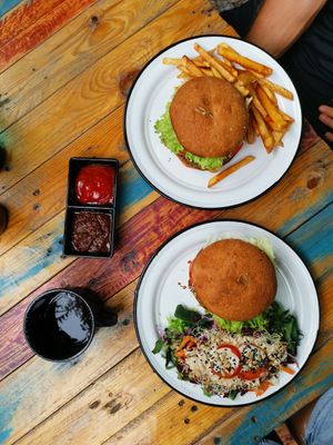 Dark sauce, next to ketchup, is also homemade at Planeta Veggie in La Paz