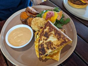 Teressa - Quesadillas stuffed with spicy buffalo chickpeas, vegan mince & melty cheez. Served with roast sweet potato, chipotle aioli & housemade pickles. #Veganuary at Cinnamon & Co in West End