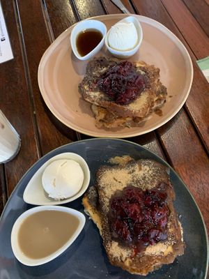 ‘Joseph’ french toast (one with maple syrup the other butterscotch), both with roasted plum  at Cinnamon & Co in West End