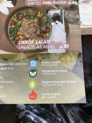 These Symbols mark vegan/vegetarian options   at Splav Viva in Belgrade