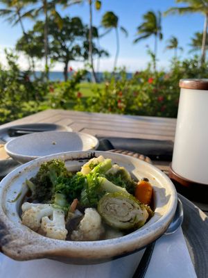 Roasted baby vegetable nabe - amazing soy, garlic, yuzu and scallion vegan broth.  at CanoeHouse in Waimea